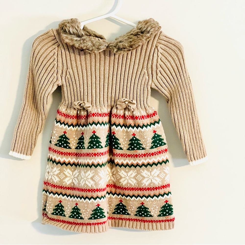 Holiday Tommy Bahama Taupe Knit Dress with Vegan Faux Fur Trim